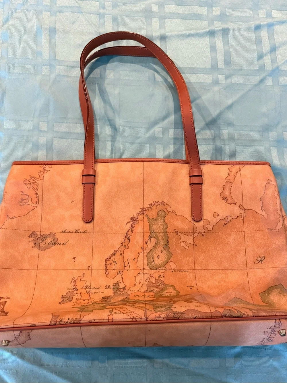 Alviero Martini Vintage Map Print Leather Laptop Tote in Tan
